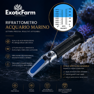 Rifrattometro per acquario marino con scala ampia, accurata e facile da leggere. Ideale per controllare la salinità della vasca in pochi secondi.
