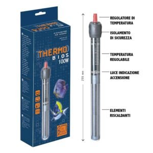 Blu Bios Thermo 100 W è un riscaldatore con termostato interno per acquari d'acqua dolce e marina fino a circa 100 litri netti.