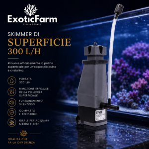 Skimmer di superficie da 300 l/h per nano reef, sump e refugium. Mantiene l'acqua libera da patine e favorisce movimento e scambio gassoso.