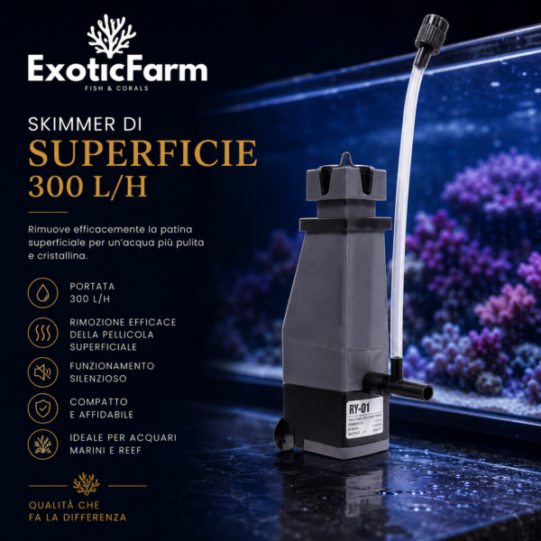 Skimmer di superficie da 300 l/h per nano reef, sump e refugium. Mantiene l'acqua libera da patine e favorisce movimento e scambio gassoso.